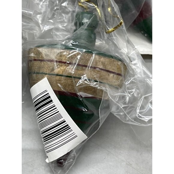 Christmas tree wood top set of 7 ornaments striped green gold 3" red READ NEW - Picture 3 of 7